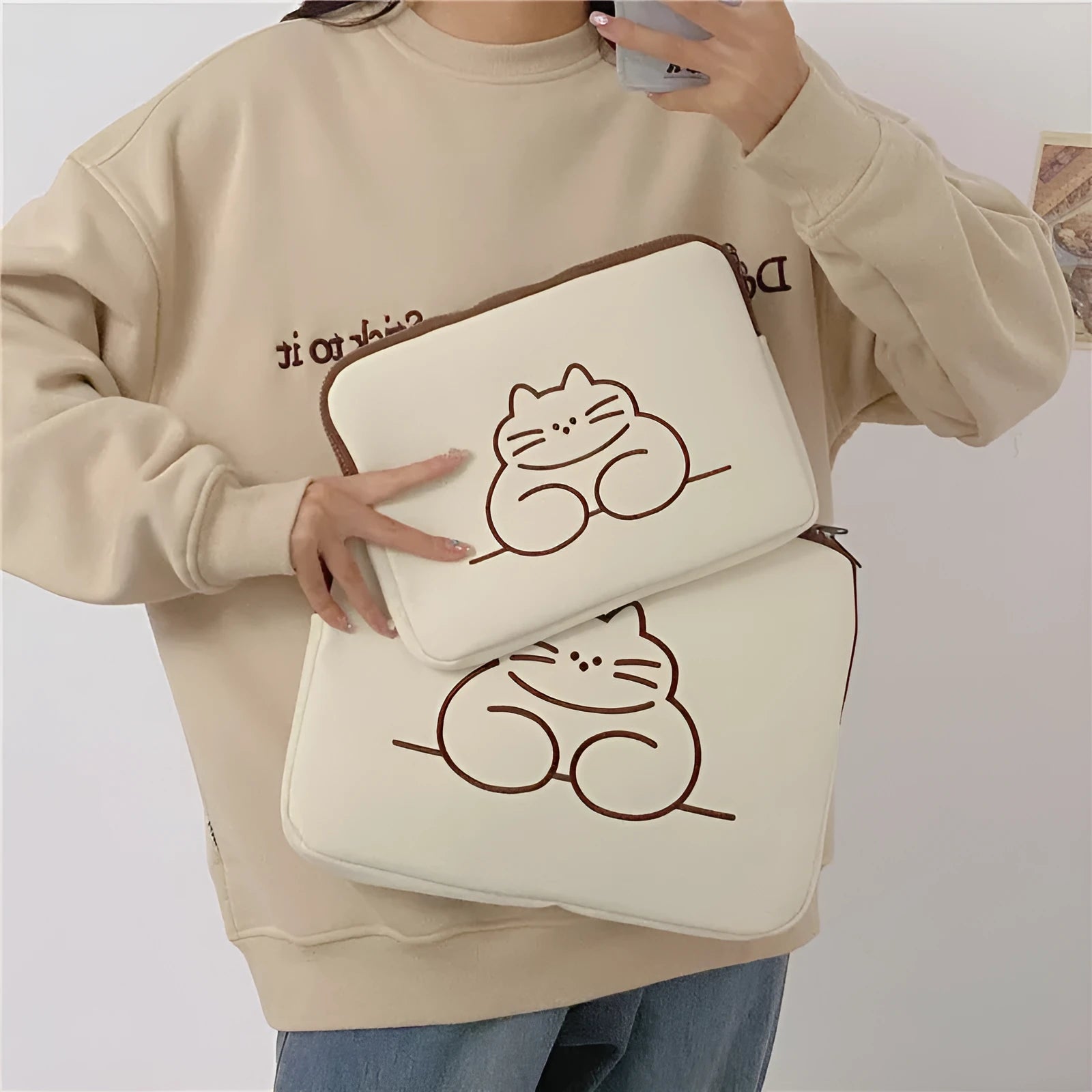 Embroidered animal tablet protective sleeve with zipper in fat cat or sleepy cat designs