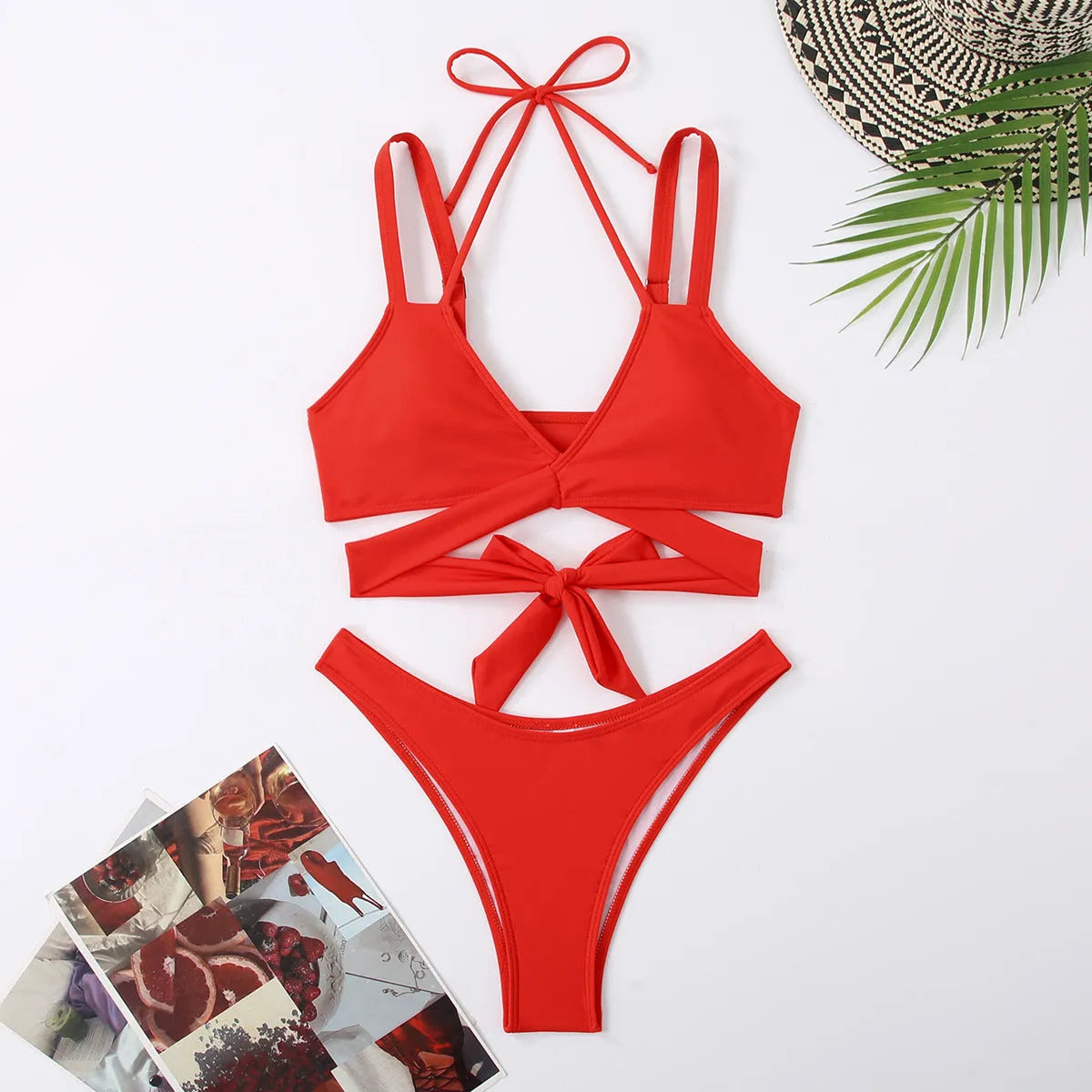 Women's solid colour strapless bikini swimsuit in black, blue, red, rose red, or white.
