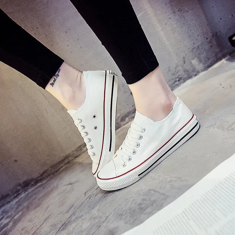 Women's solid colour canvas casual shoes for summer in black, white black, white red, and all black.