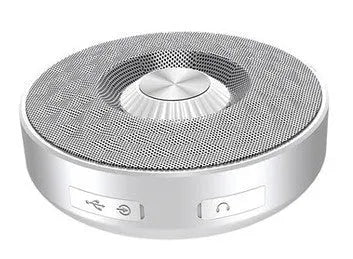 Mini portable Bluetooth speaker in black, orange, and silvery white colours with wireless connectivity