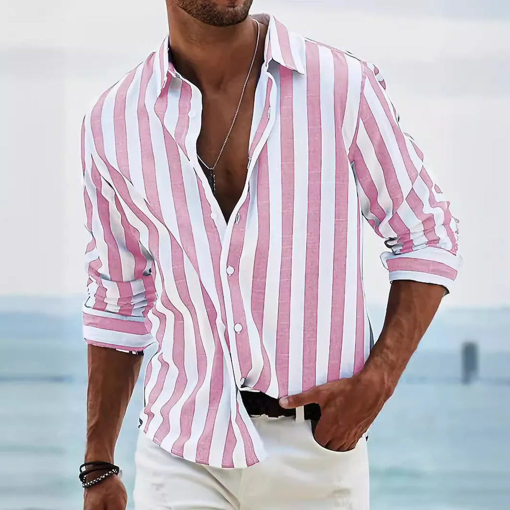 Men's loose striped long-sleeved cardigan shirt in British style on a hanger