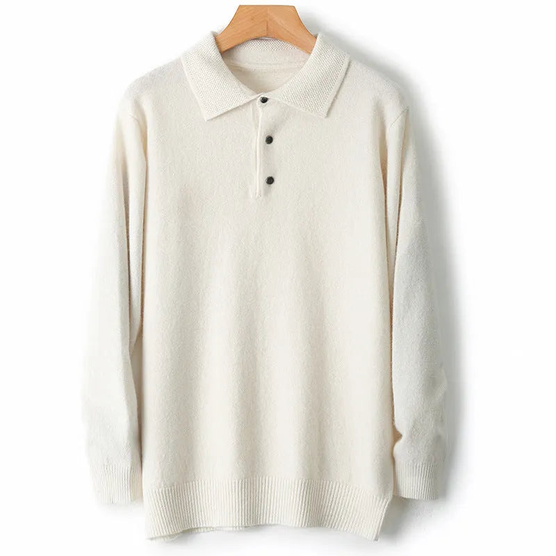 Man wearing a men's grey polo collar wool sweater pullover with long sleeves.