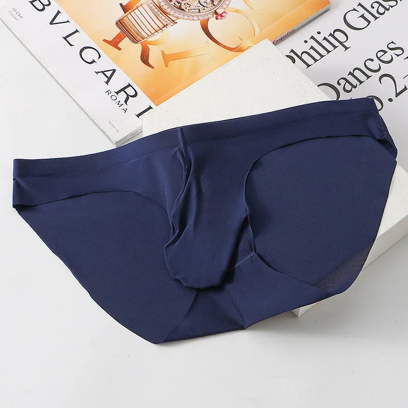 Ice silk seamless men's briefs in a dark colour showing mid waist fit and bullet separation pouch design.