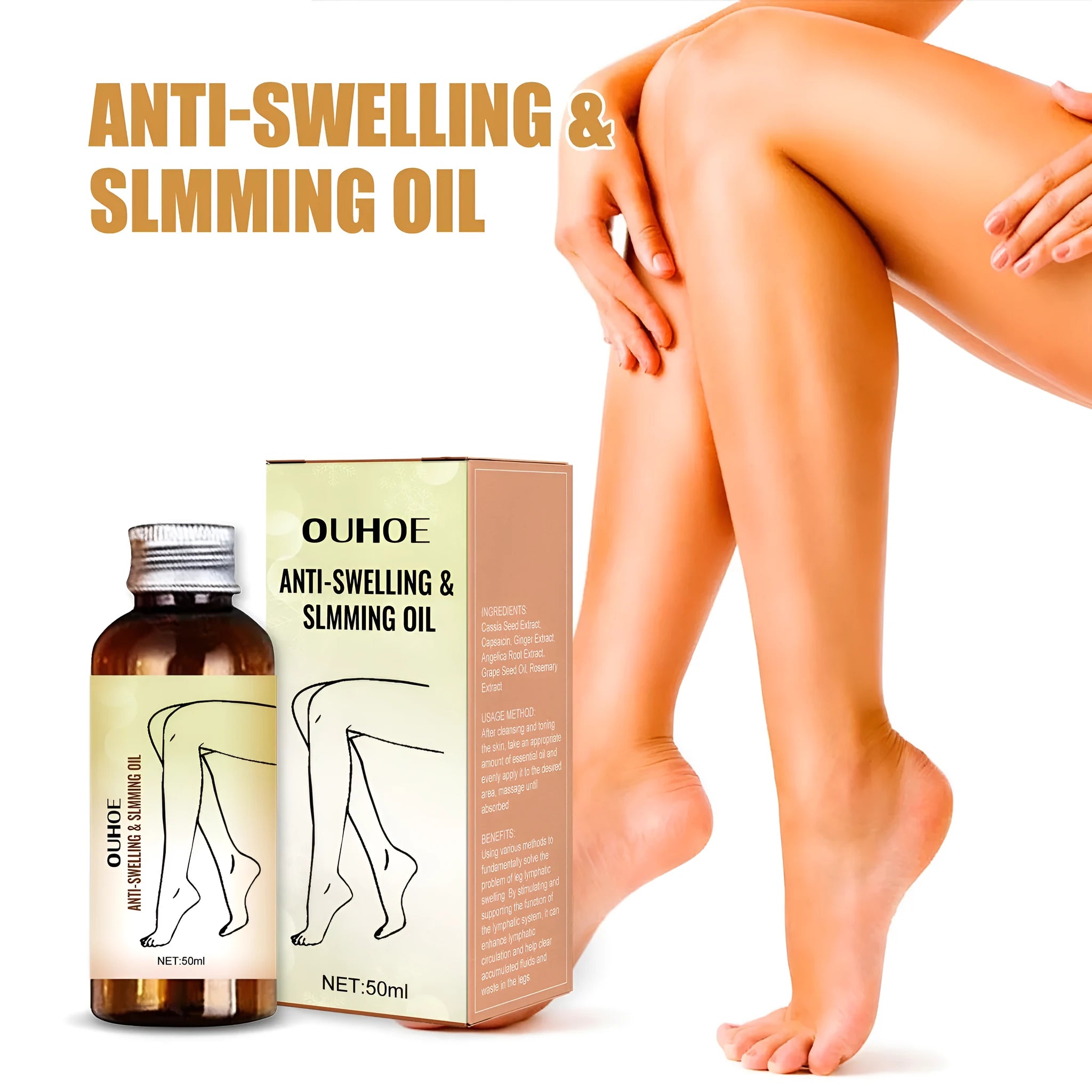 50ml bottle of cassia seed and capsaicin body massage essential oil for leg care