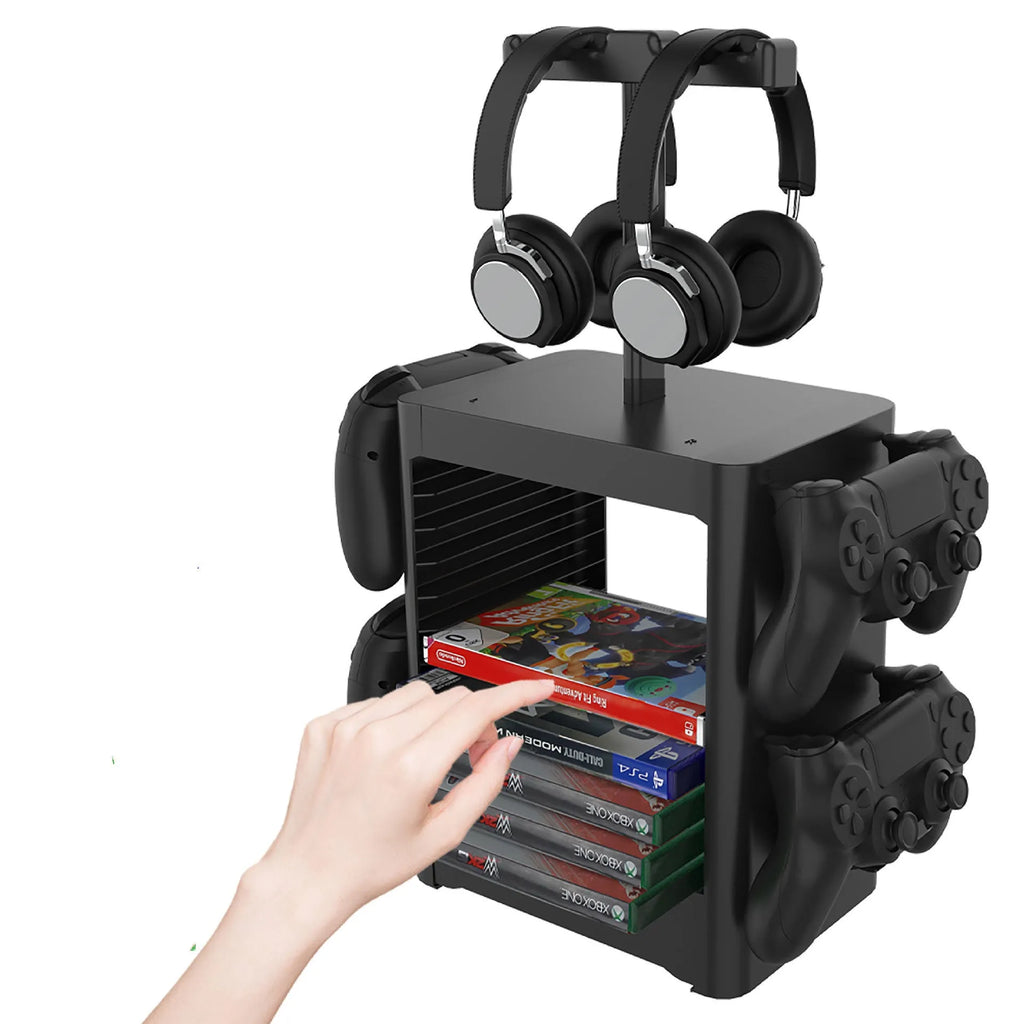 Black ABS gaming accessory rack holding controllers, headphones, and with drawer open showing game cards