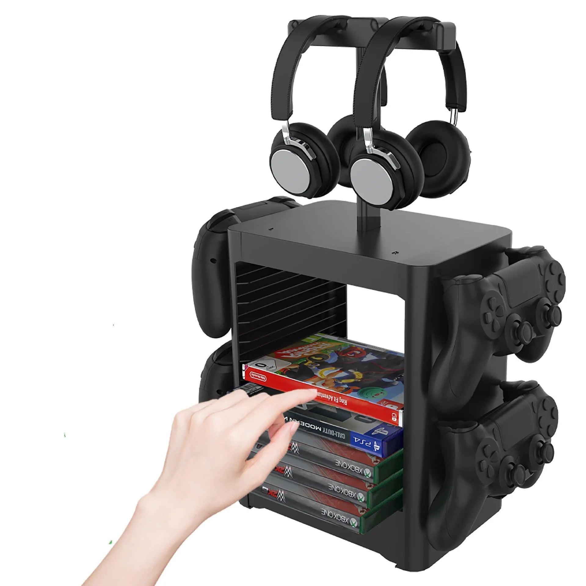 Black ABS gaming accessory rack holding controllers, headphones, and with drawer open showing game cards