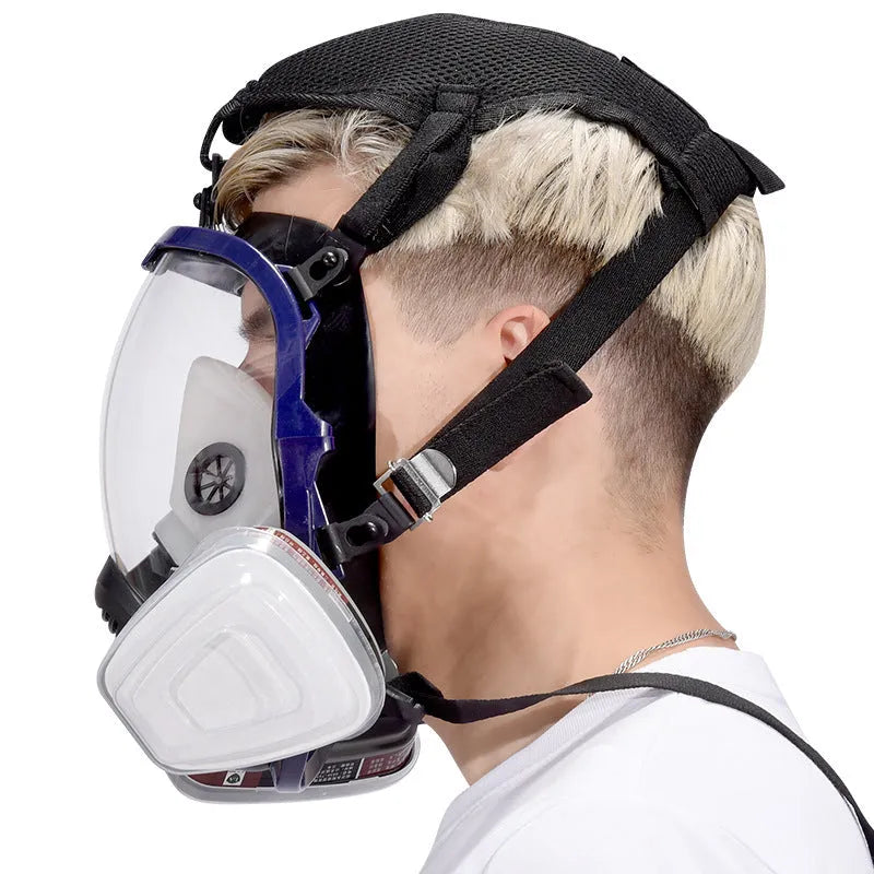 KN95 gas activated carbon spherical full face mask with blue edge design and trapezoidal canister