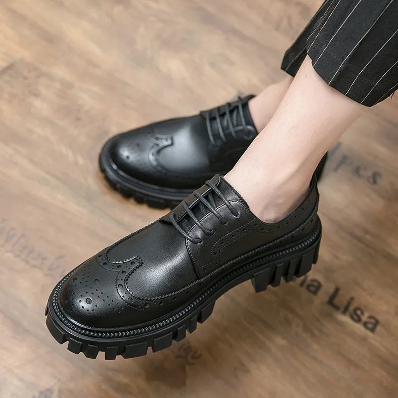 Men's black and brown artificial PU brogue shoes with round toe for business formal wear