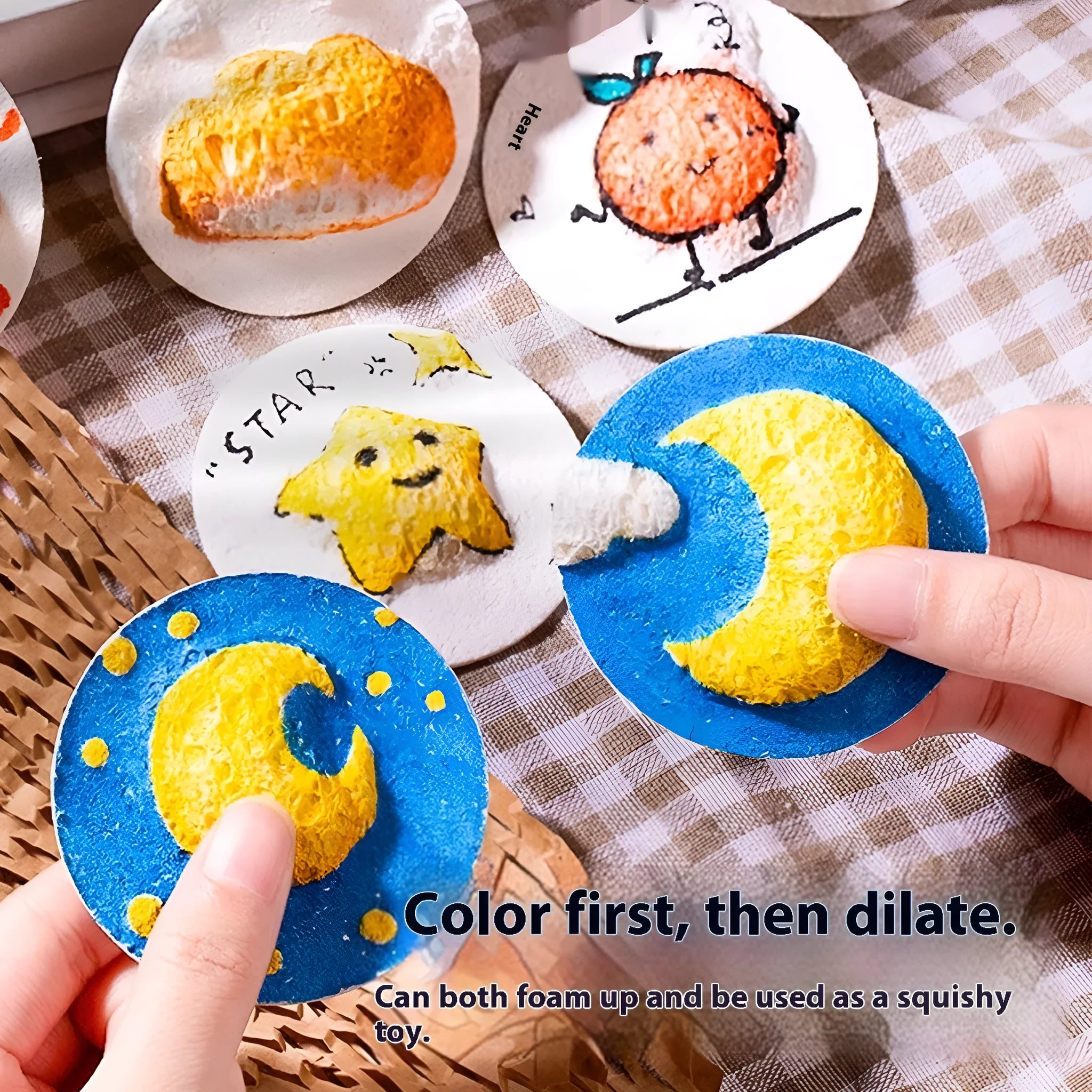 Painting sponge set with six fountain pens and heart, round, and square shaped cellulose sponges for ink art