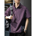 Men's half zipped stand collar business casual shirt in ice silk fabric available in brown and purple colours