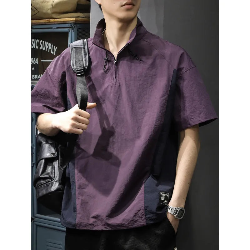 Men's half zipped stand collar business casual shirt in ice silk fabric available in brown and purple colours