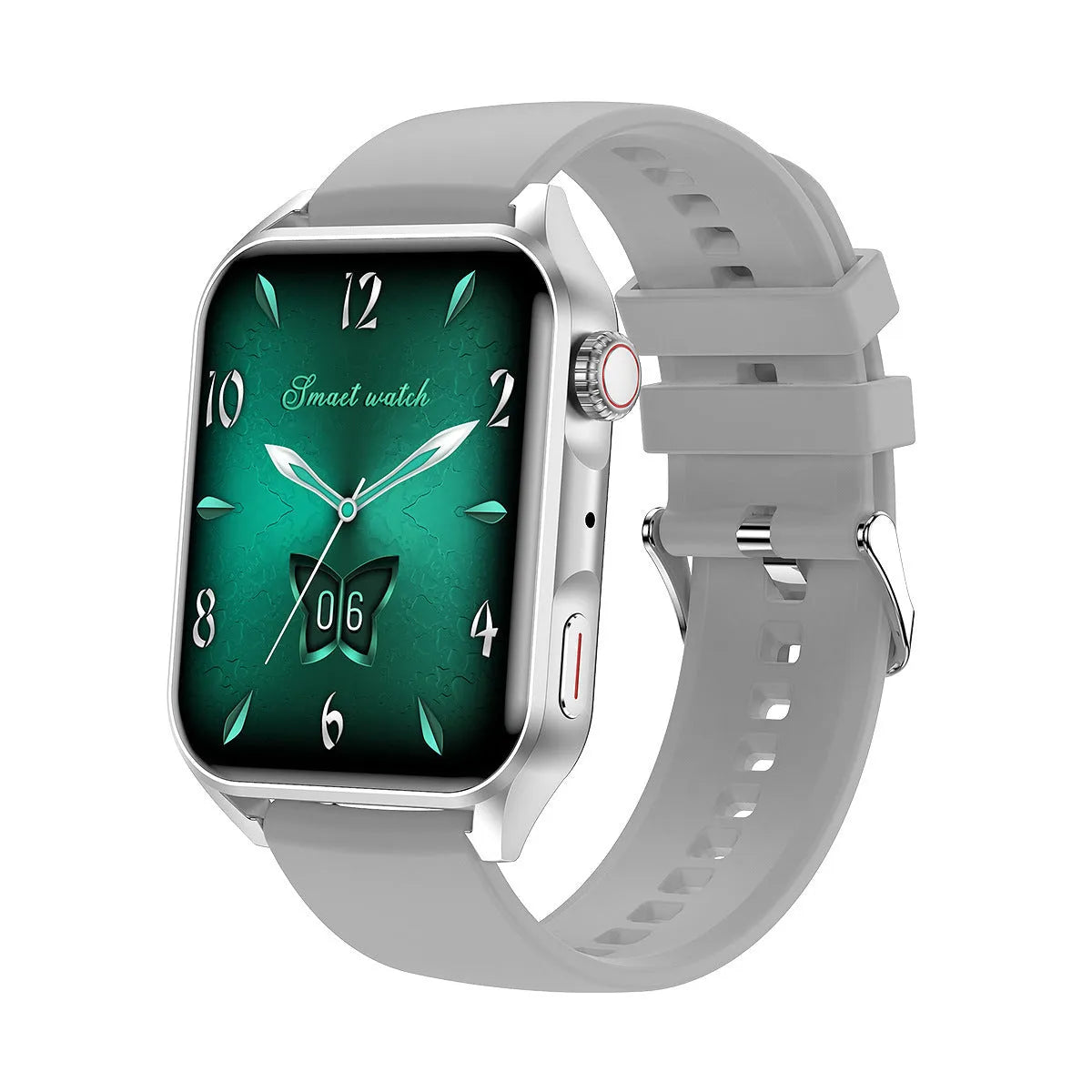 Silver grey smart watch with AMOLED screen and black silicone wrist strap on a wrist.