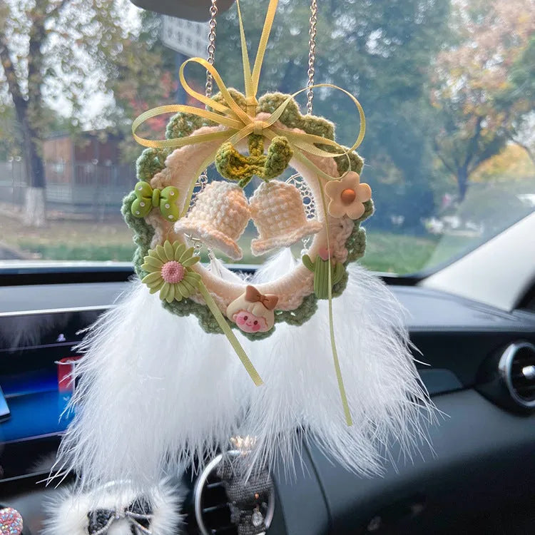 Woven wool bell orchid car pendant in green, pink, purple, or yellow with optional dream catcher.