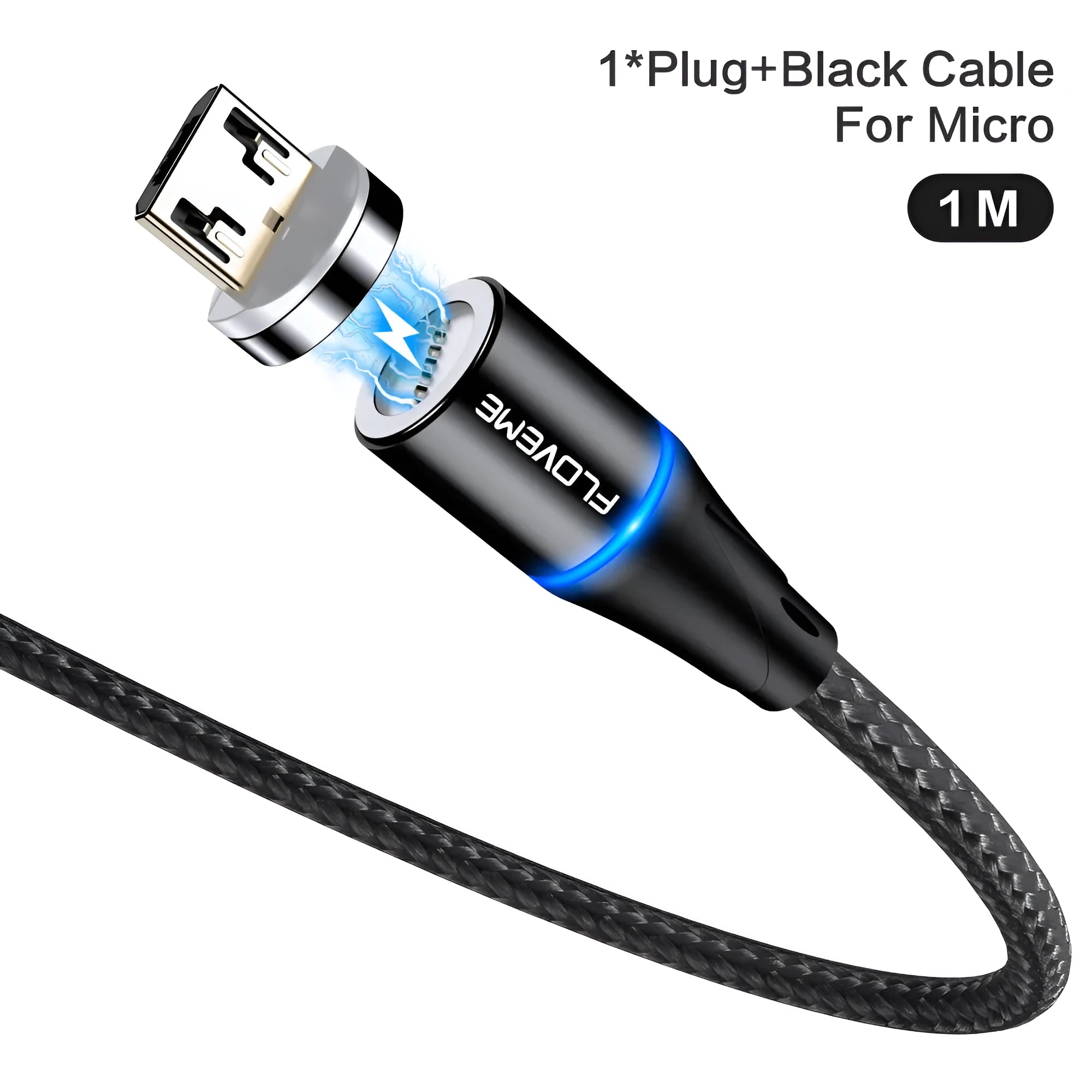 Black magnetic data cable with LED light showing iPhone and Android compatibility