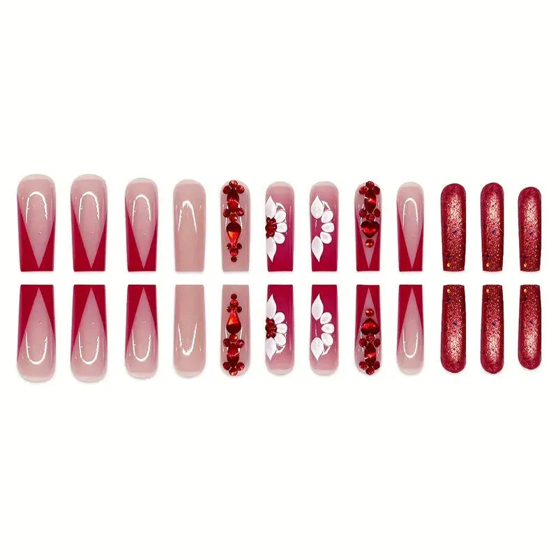 Sweet Flowers pattern false nails with red diamonds in long European Square style