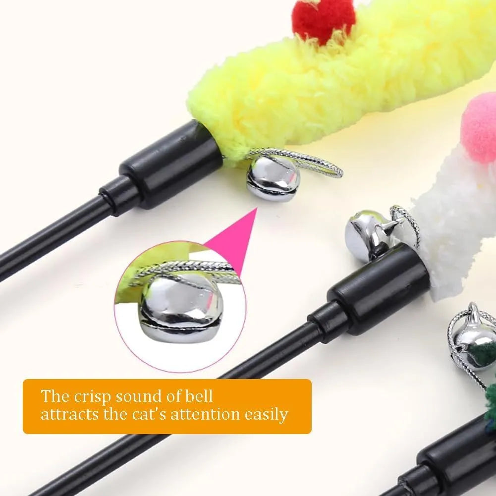 Blue green pink plush strip cat wand toy with 41cm pole and 60cm colourful strip with fluffy bell ball