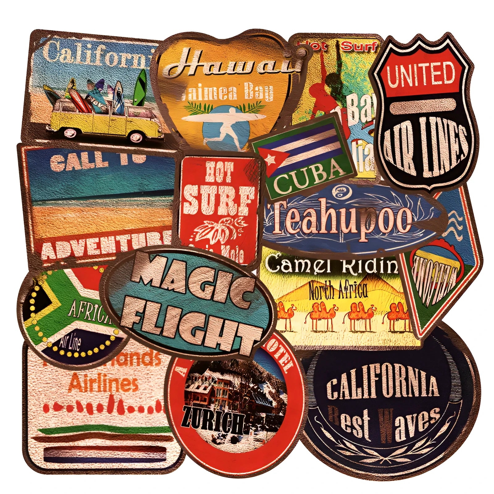 36-piece retro beach surfing sticker pack with PVC vinyl construction and matte protective film