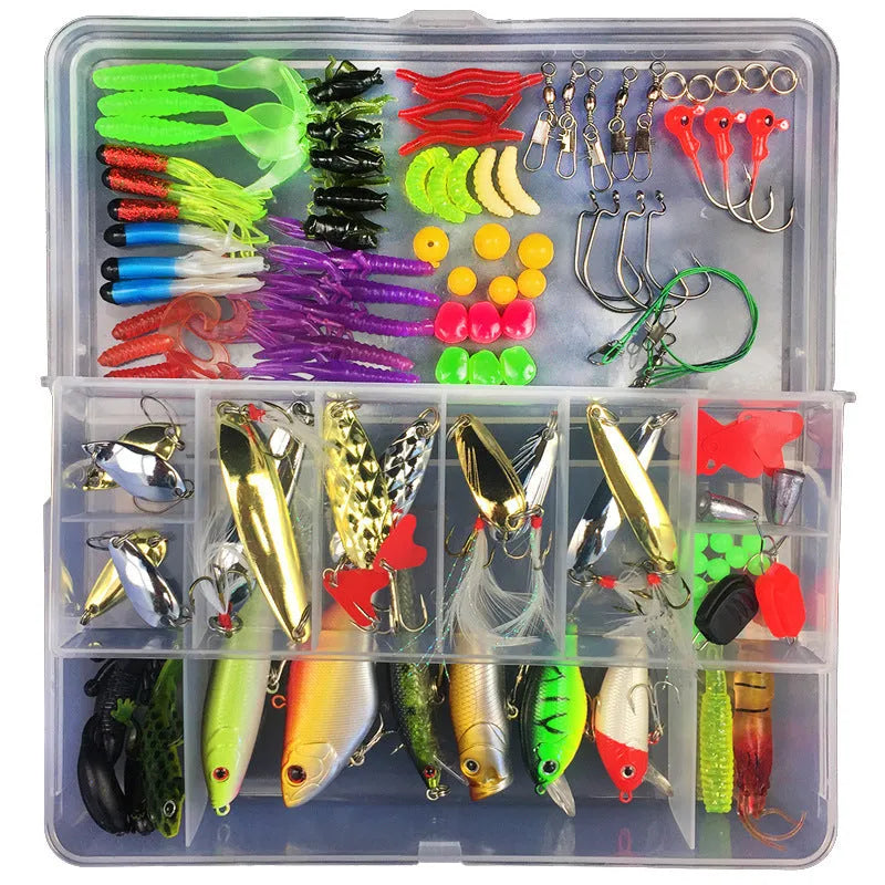 Fishing lure suit set showing soft plastic baits in frog patterns with colour thread inside PP storage box
