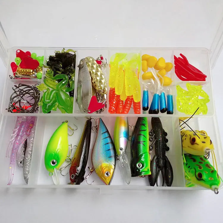 142-piece fishing lure suit kit showing hard minnow lures, sequin lures, hooks, and metal fishing pliers on a blue background