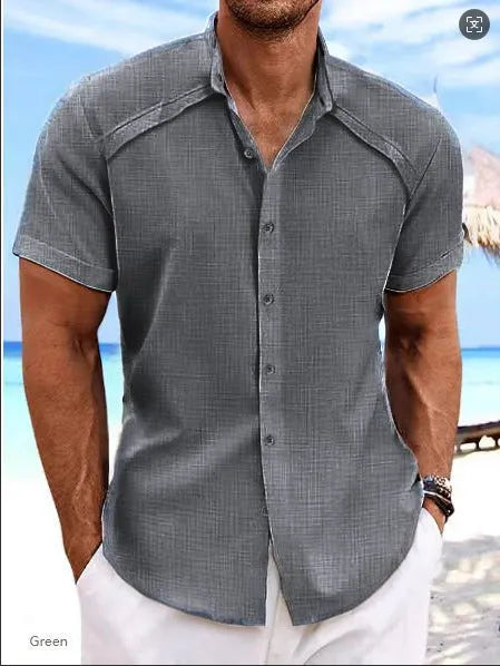 Men's solid colour short sleeve casual shirt in cotton blend fabric on a hanger.