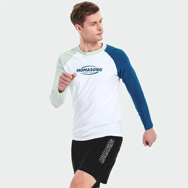 Men's white long-sleeved swimsuit top with matching swim trunks set for sun protection