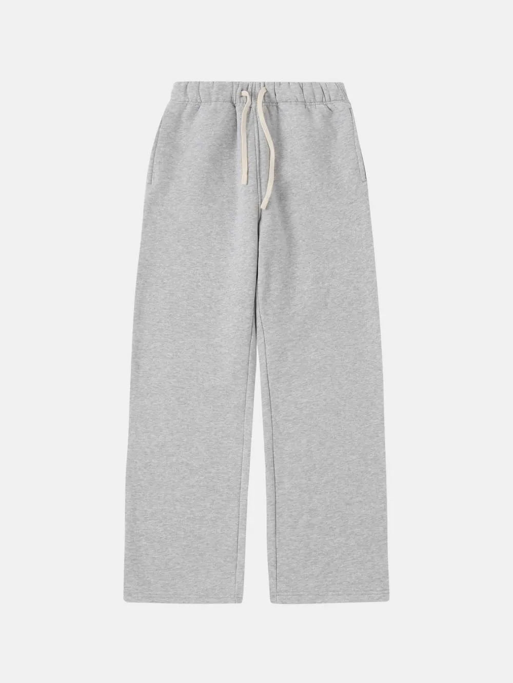 Men's grey fleece-lined sweatpants with elastic drawstring waistband and loose fit design