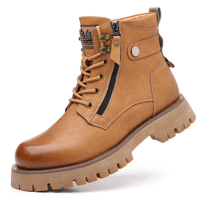 Men's brown leather Martin boots with side zipper and mid heel