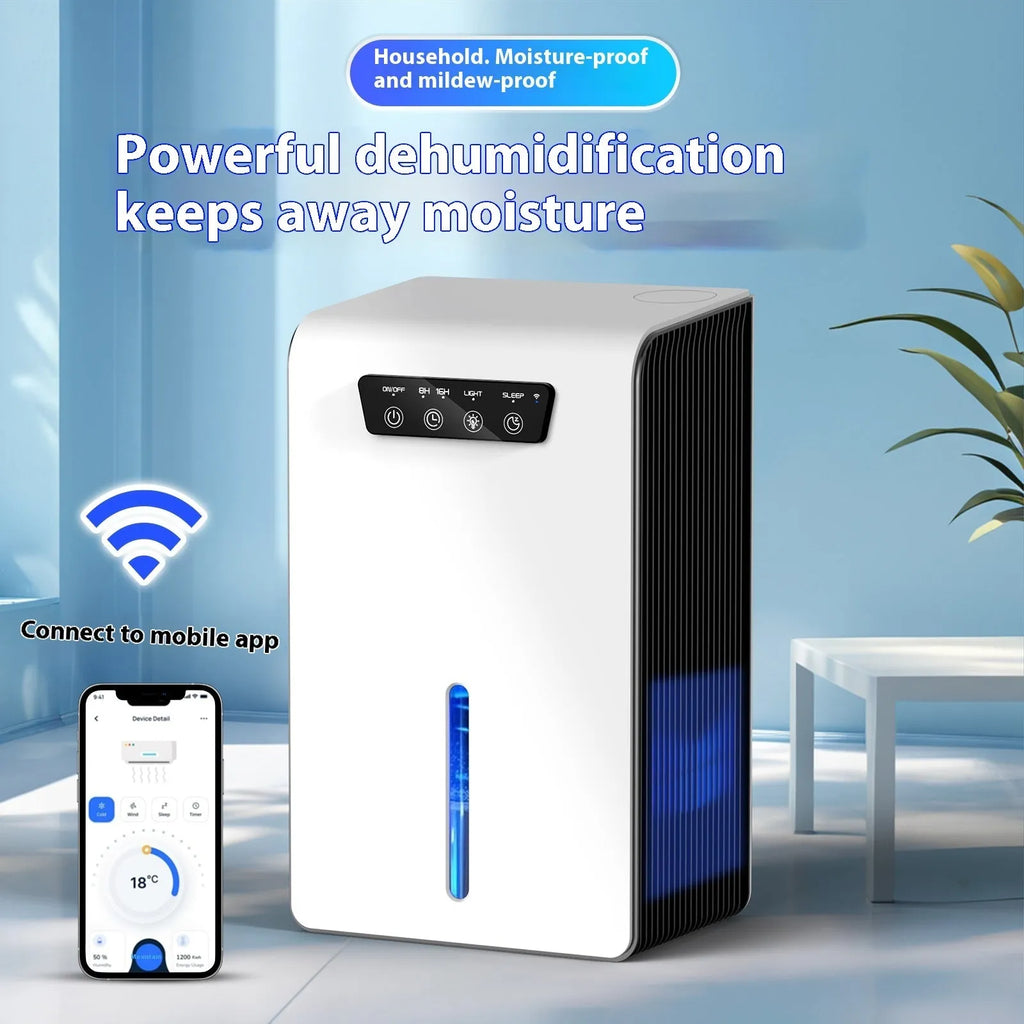 Milky white small household dehumidifier for bedroom use on a floor