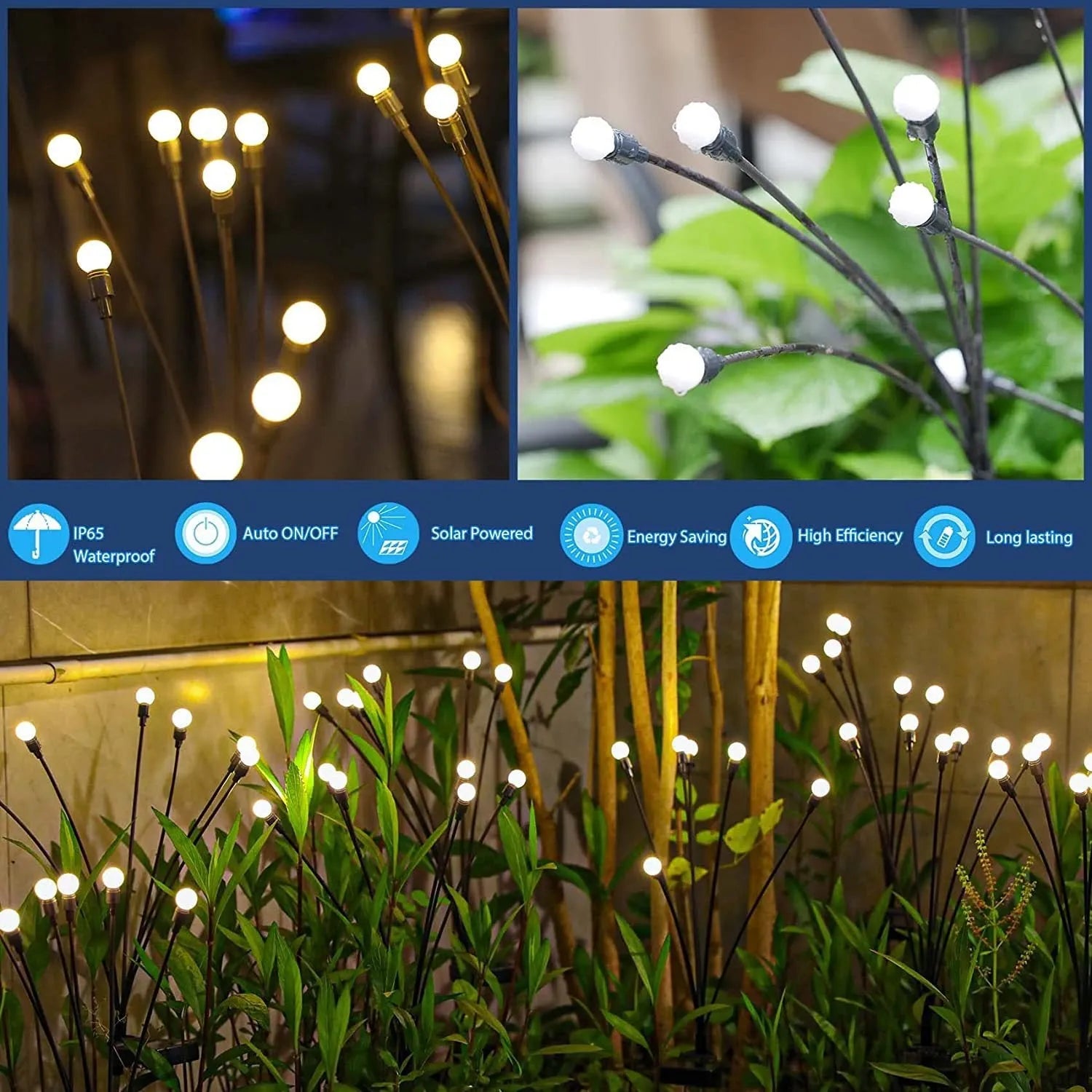 Solar-powered LED garden ground light with stainless steel spike inserted in lawn showing automatic dusk-to-dawn operation