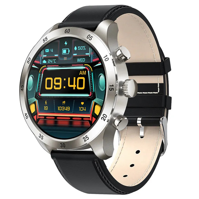 Black steel smart watch on wrist showing Bluetooth calling interface and health metrics.