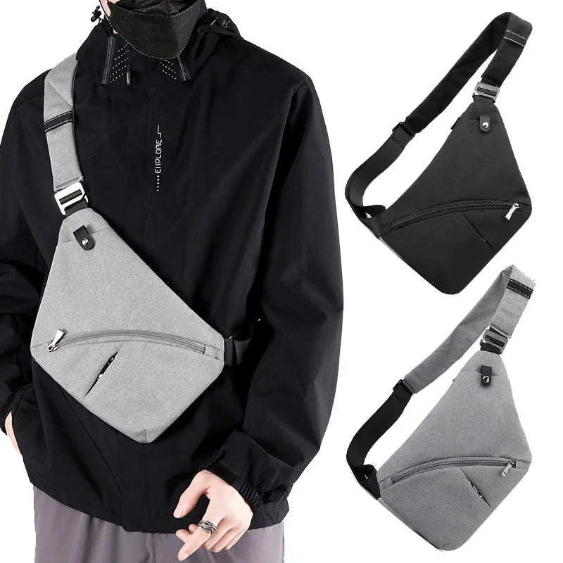 Men's Oxford cloth chest bag in black colour worn on left shoulder