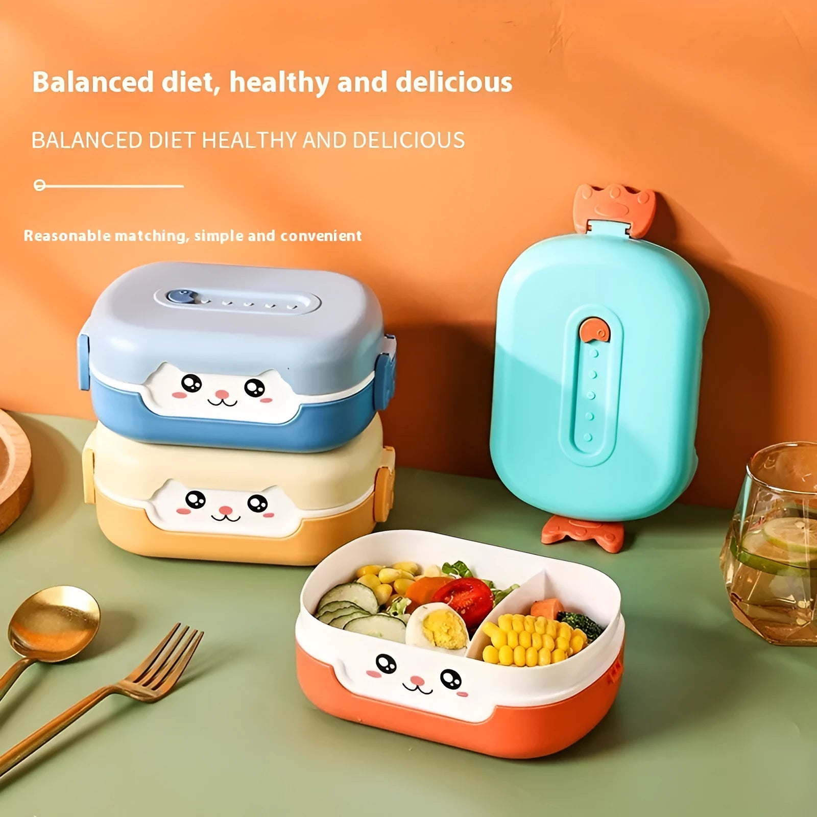 A square, solid-colour plastic divided lunch box, shown in dark blue, suitable for children and adults.