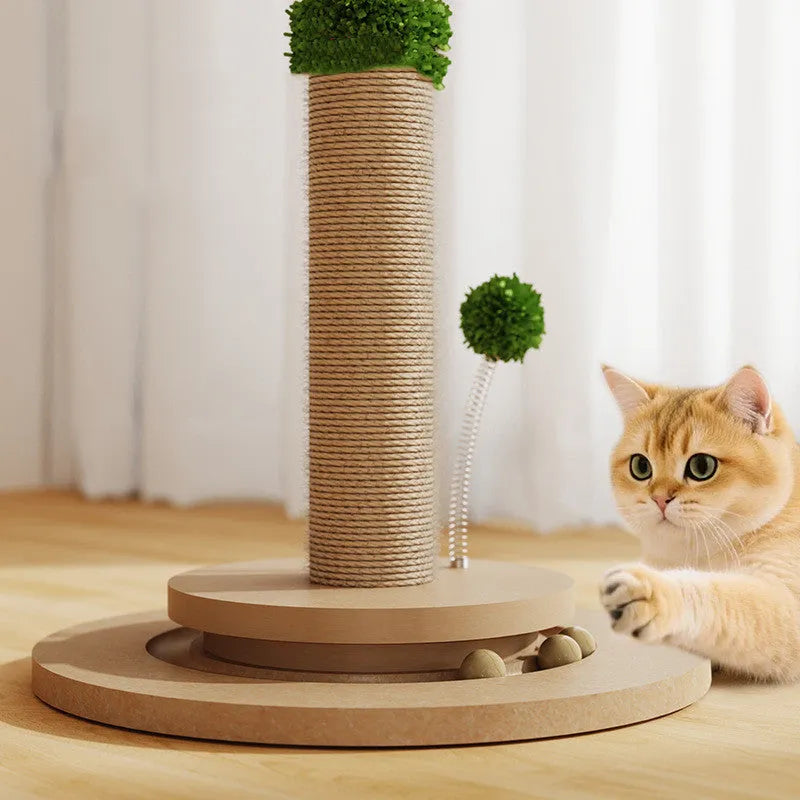 Vertical cat climbing scratch post with hemp rope in canna colour, featuring a chamfered grab column.