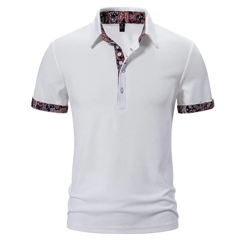 Men's white polo shirt with black colour stitching on turnover neck collar and short sleeves