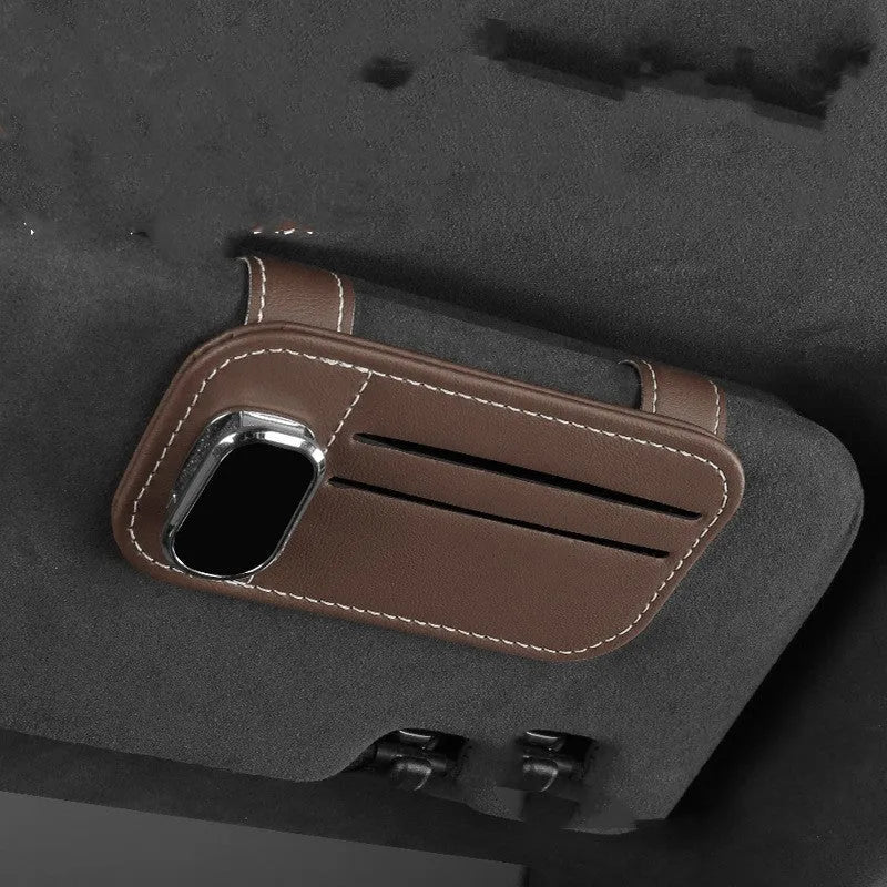Car leather sunglasses holder with card storage in snap-on dashboard installation