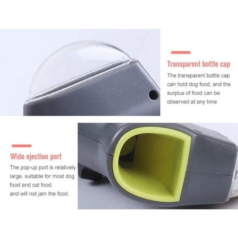 Grey plastic pet snack launcher toy with spring trigger mechanism for treat dispensing