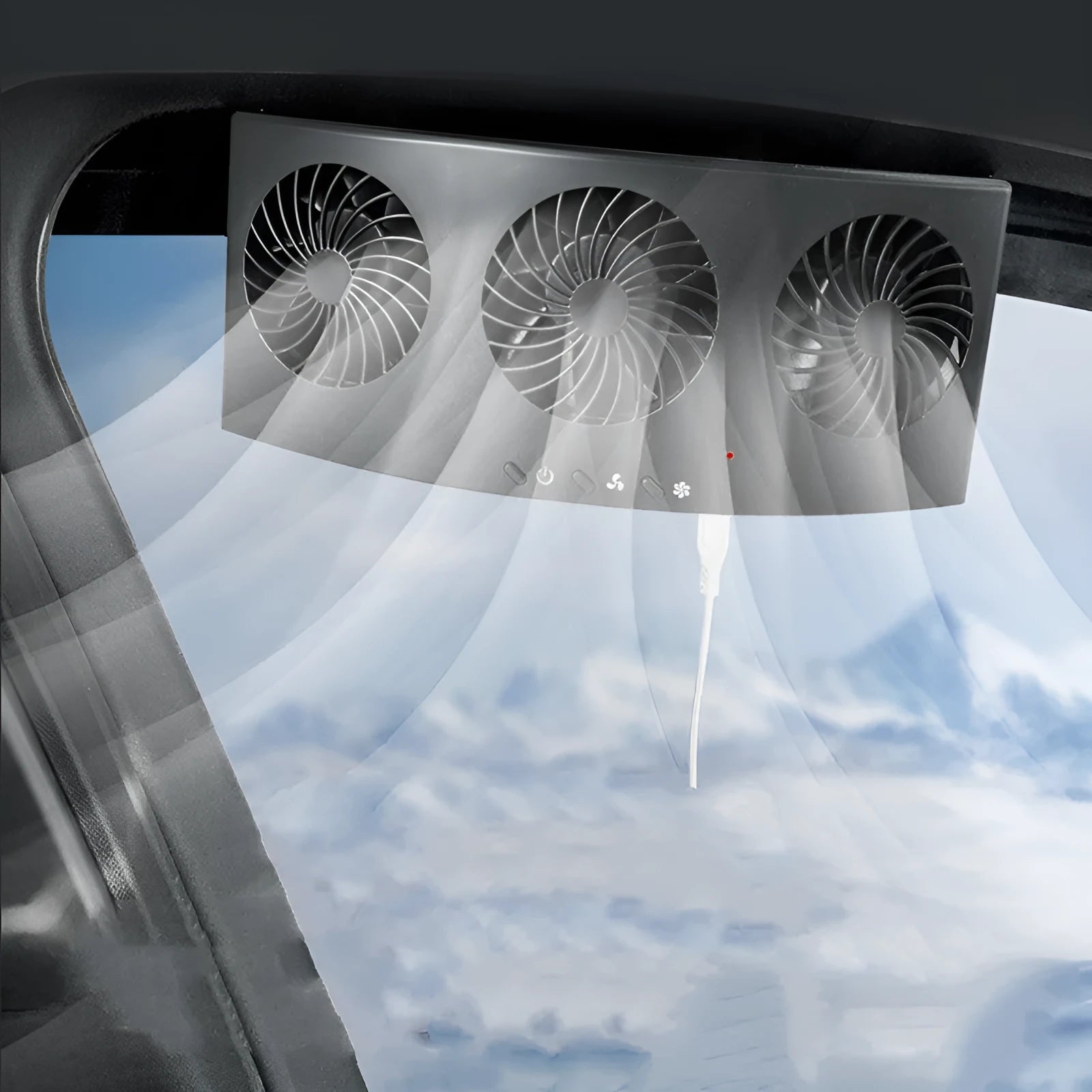 Black and white portable USB-powered car ventilation fan on a car dashboard.