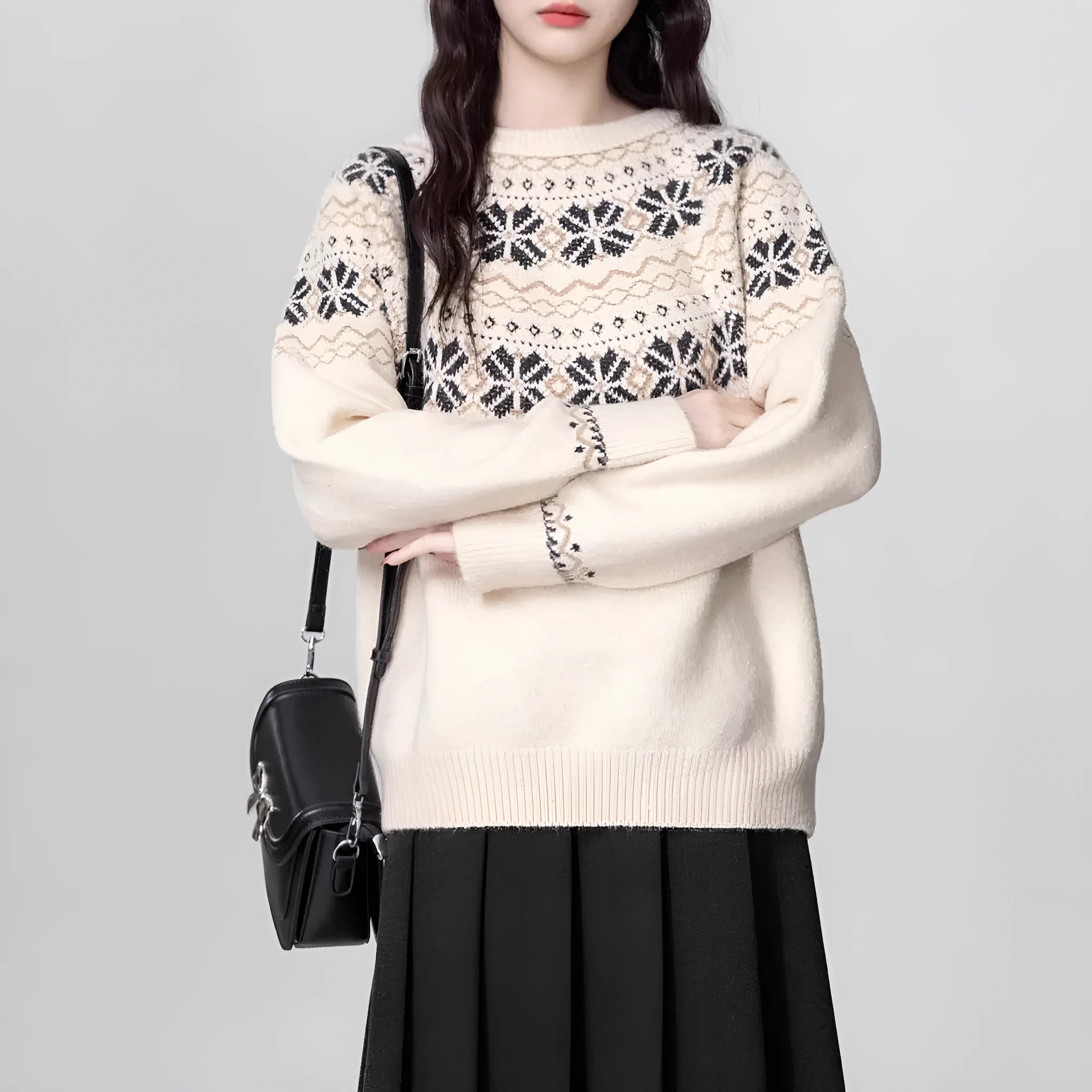 Women's milky white fair isle pullover sweater with geometric pattern, loose fit, and crew neck.