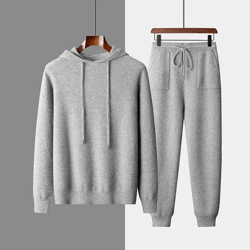 Men's light grey cashmere hoodie and trousers set for winter casual wear