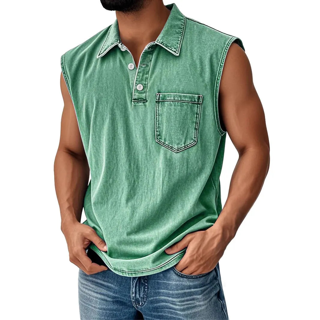 Man wearing 3D digitally printed loose fit polo shirt with button front and short sleeves