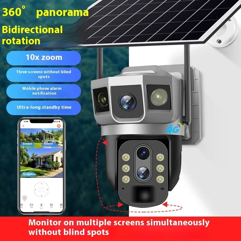 V380 outdoor security camera with solar panel, featuring 10x zoom and 4G connectivity