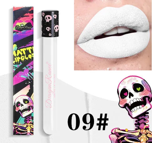 Halloween creative makeup lip gloss in skull-shaped test tube packaging, showing a matte gold and silver finish.