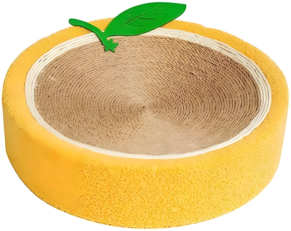 Yellow fruit-shaped sisal cat scratching board with concave centre for sleeping