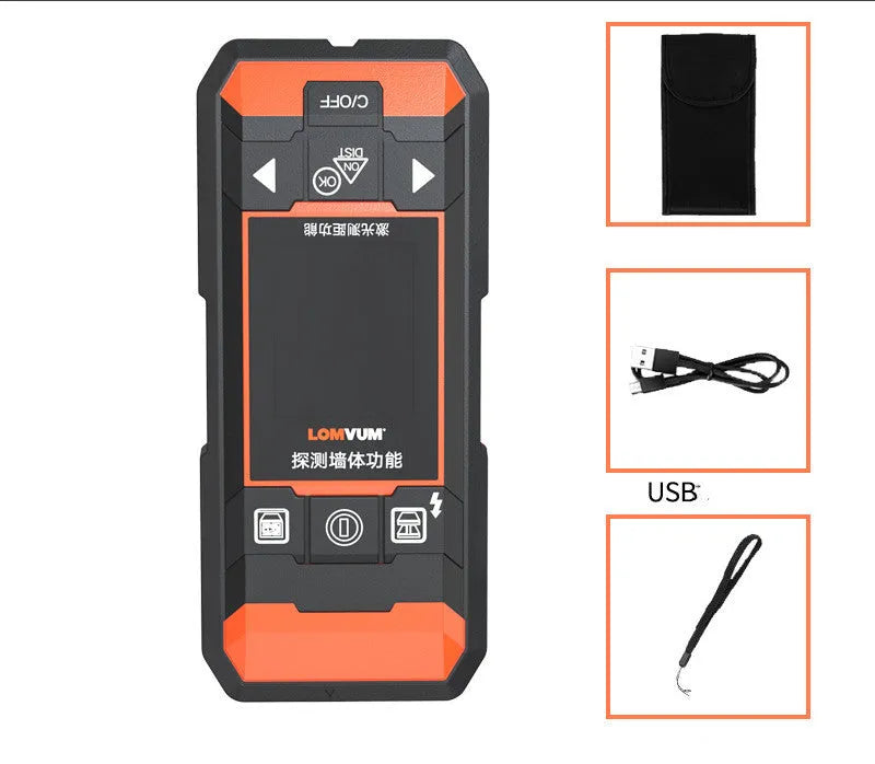 Handheld multifunctional wall detector for finding metal, wires, and wood studs behind walls.
