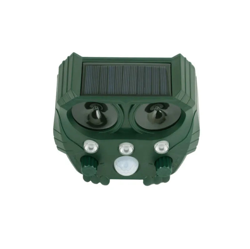 Green solar ultrasonic animal repeller with LED lights for outdoor pest control