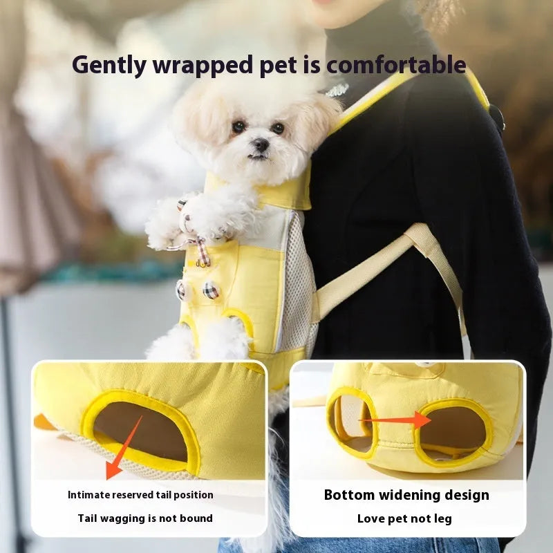 Cartoon animal pet chest bag in soft canvas with ribbon trim, available in four sizes and colour patterns