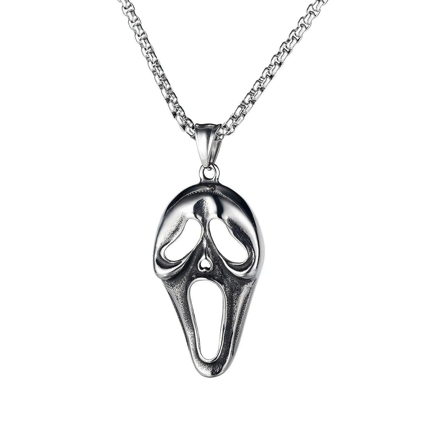 Men's stainless steel skull necklace with electroplated silver finish and alloy pendant