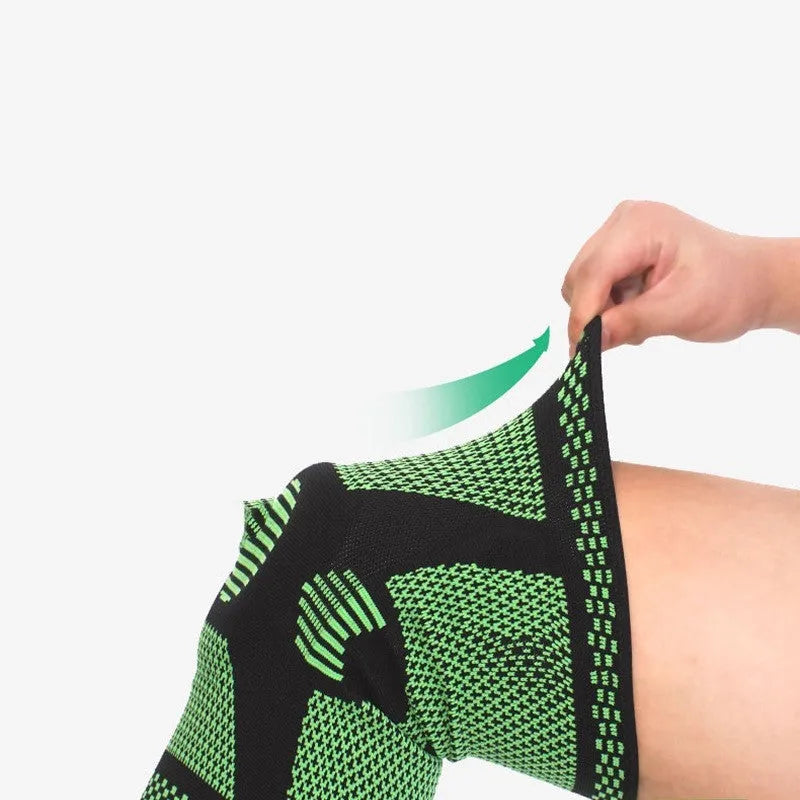 Sports fitness silicone spring knee pads in green blue white orange colours with polyamide construction for M L XL sizes