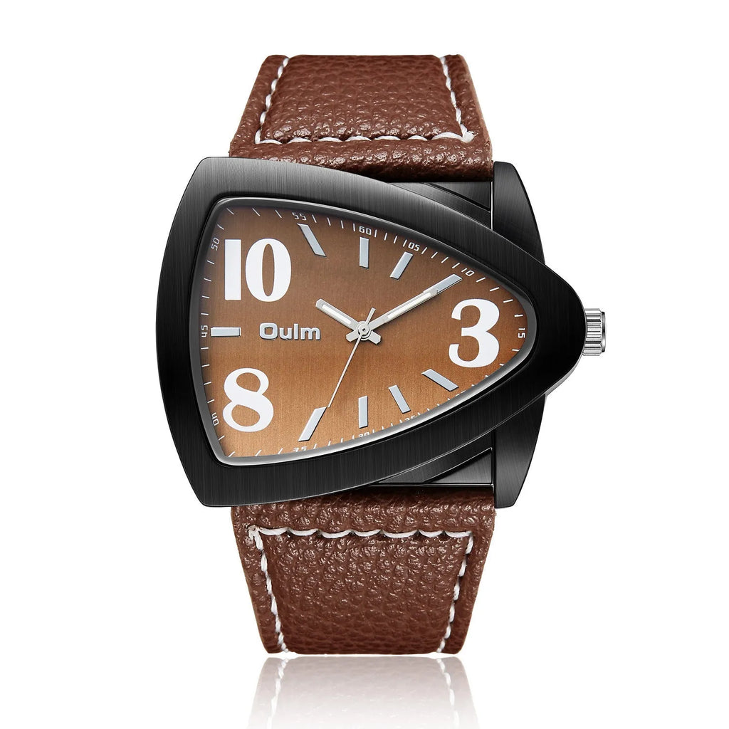 Men's casual watch with a triangular belt, slim case, on wrist showing brown, black, and blue colour variants.