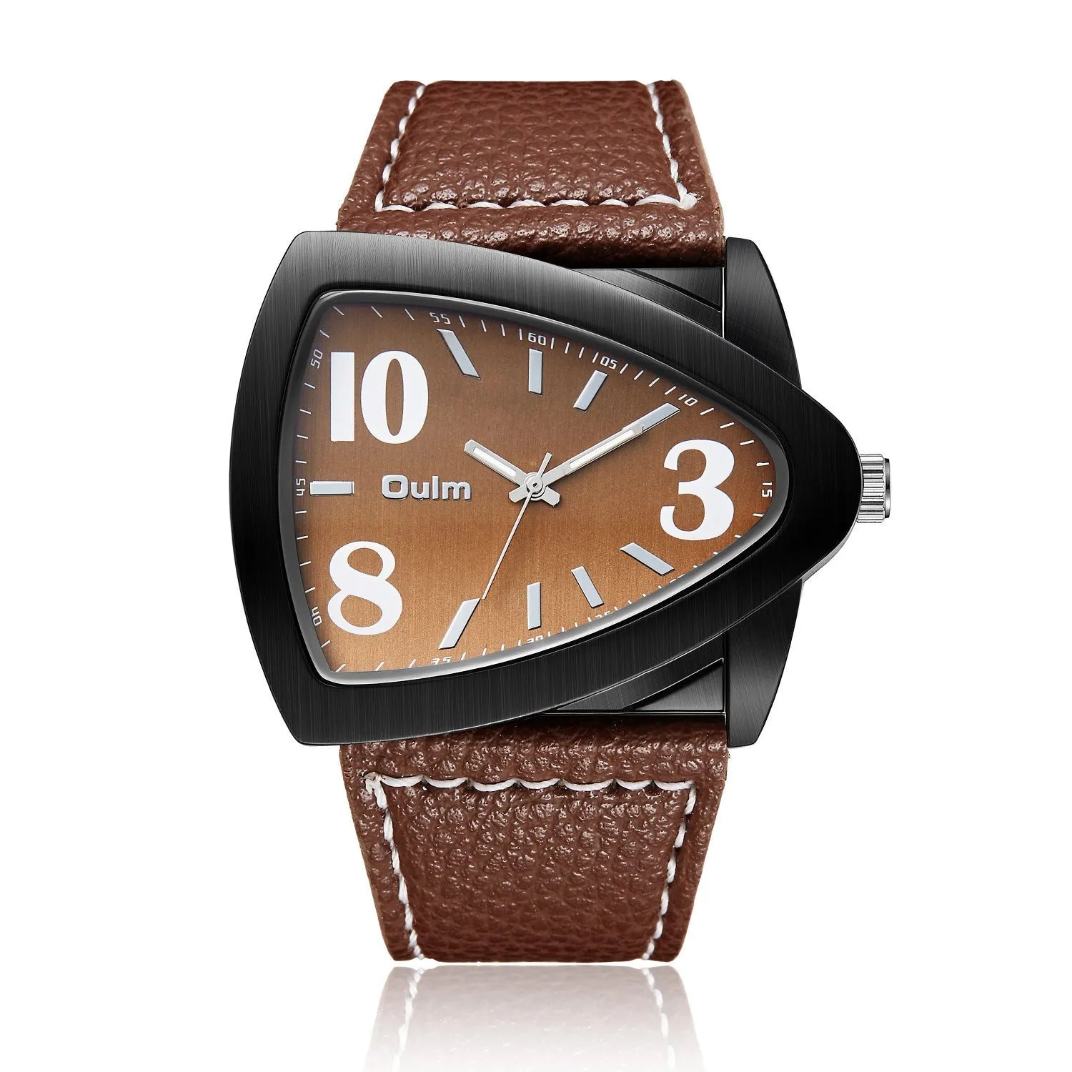 Men's casual watch with a triangular belt, slim case, on wrist showing brown, black, and blue colour variants.